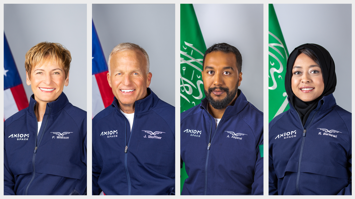 The crew of the Ax-2 mission. From left to right, Peggy Whitson, John Shoffner, Ali Alqarni, Rayyanah Barnawi. Source: Axiom Space